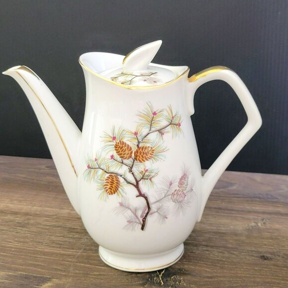 Vintage Pinecone Porcelain Coffee/Tea Pot With Lid, Brown & Gold Tree Branch & - Picture 1 of 13